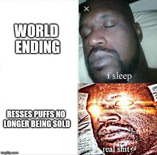 how i feel | WORLD ENDING; RESSES PUFFS NO LONGER BEING SOLD | image tagged in memes,sleeping shaq,resses puffs,funny | made w/ Imgflip meme maker