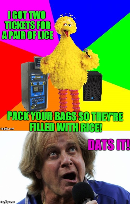 Cause I was shaking, snapping my fingers... | I GOT TWO TICKETS FOR A PAIR OF LICE; PACK YOUR BAGS SO THEY'RE FILLED WITH RICE! DATS IT! | image tagged in wrong lyrics karaoke big bird,funny memes | made w/ Imgflip meme maker