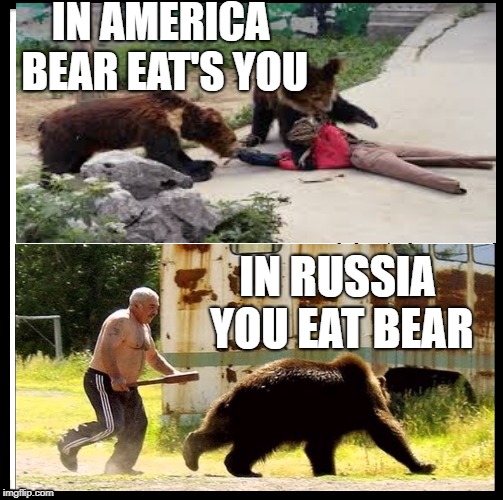 Be Like Bill Meme | IN AMERICA BEAR EAT'S YOU; IN RUSSIA YOU EAT BEAR | image tagged in memes,be like bill | made w/ Imgflip meme maker
