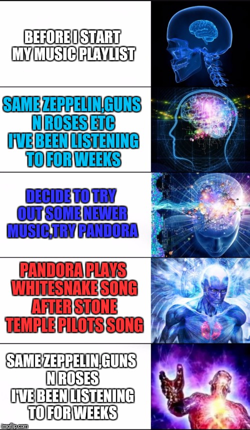 Hate Pandora radio | BEFORE I START MY MUSIC PLAYLIST; SAME ZEPPELIN,GUNS N ROSES ETC I'VE BEEN LISTENING TO FOR WEEKS; DECIDE TO TRY OUT SOME NEWER MUSIC,TRY PANDORA; PANDORA PLAYS WHITESNAKE SONG AFTER STONE TEMPLE PILOTS SONG; SAME ZEPPELIN,GUNS N ROSES I'VE BEEN LISTENING TO FOR WEEKS | image tagged in expanding brain 20,memes,expanding brain,music,hot | made w/ Imgflip meme maker
