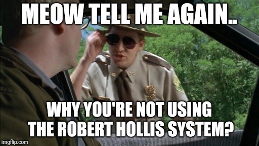 Super troopers foster | MEOW TELL ME AGAIN.. WHY YOU'RE NOT USING THE ROBERT HOLLIS SYSTEM? | image tagged in super troopers foster | made w/ Imgflip meme maker