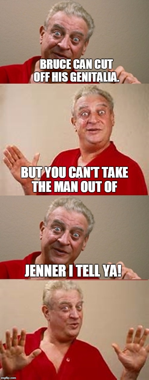 Rodney Dangerfield  | BRUCE CAN CUT OFF HIS GENITALIA. BUT YOU CAN'T TAKE THE MAN OUT OF; JENNER I TELL YA! | image tagged in bad pun rodney dangerfield,bruce jenner,caitlyn jenner,transgender,jokes,memes | made w/ Imgflip meme maker