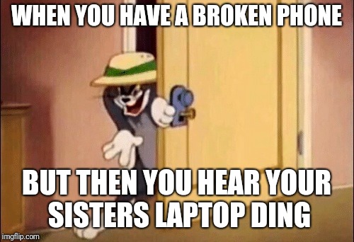 Tom and Jerry | WHEN YOU HAVE A BROKEN PHONE; BUT THEN YOU HEAR YOUR SISTERS LAPTOP DING | image tagged in tom and jerry | made w/ Imgflip meme maker
