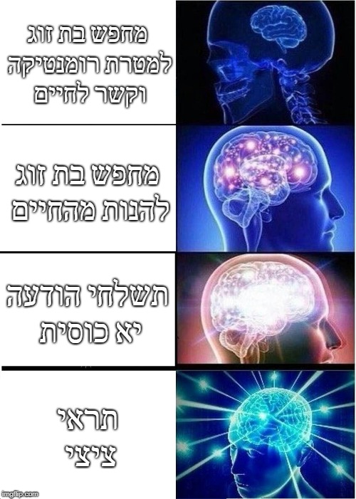 Expanding Brain Meme | מחפש בת זוג למטרת רומנטיקה וקשר לחיים; מחפש בת זוג להנות מהחיים; תשלחי הודעה יא כוסית; תראי ציצי | image tagged in memes,expanding brain | made w/ Imgflip meme maker