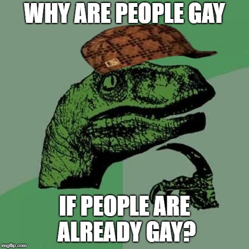 WHY ARE PEOPLE GAY; IF PEOPLE ARE ALREADY GAY? | image tagged in scumbag,confused dino | made w/ Imgflip meme maker