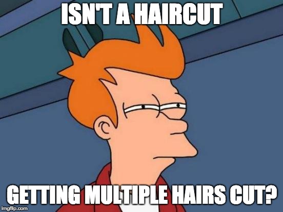 Futurama Fry Meme | ISN'T A HAIRCUT; GETTING MULTIPLE HAIRS CUT? | image tagged in memes,futurama fry | made w/ Imgflip meme maker
