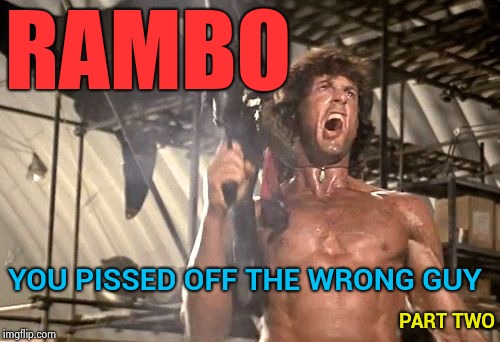 Dumbed down movie titles for the new millennium | RAMBO; YOU PISSED OFF THE WRONG GUY; PART TWO | image tagged in rambo yelling,tide pods gene pool,brain freeze,confused | made w/ Imgflip meme maker