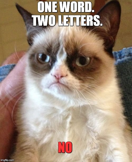 Grumpy Cat Meme | ONE WORD. TWO LETTERS. NO | image tagged in memes,grumpy cat | made w/ Imgflip meme maker