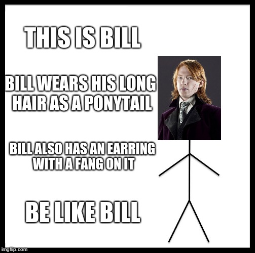 Be Like Bill | THIS IS BILL; BILL WEARS HIS LONG HAIR AS A PONYTAIL; BILL ALSO HAS AN EARRING WITH A FANG ON IT; BE LIKE BILL | image tagged in memes,be like bill,harry potter,bill weasley | made w/ Imgflip meme maker