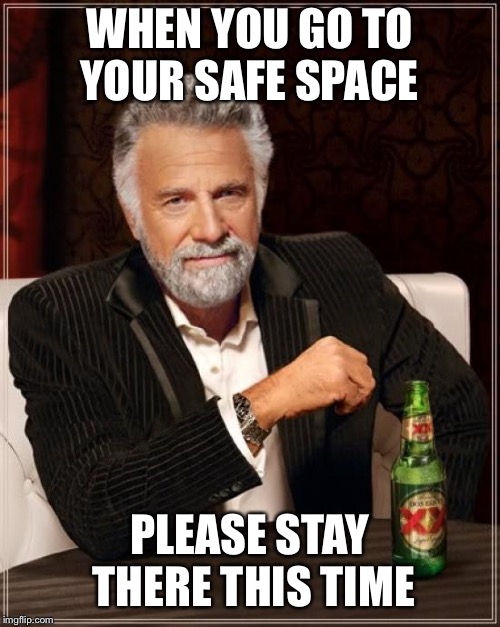 The Most Interesting Man In The World Meme | WHEN YOU GO TO YOUR SAFE SPACE PLEASE STAY THERE THIS TIME | image tagged in memes,the most interesting man in the world | made w/ Imgflip meme maker