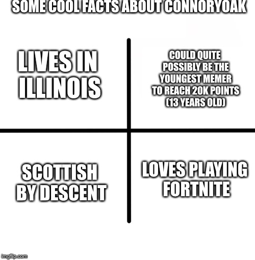 Blank Starter Pack | SOME COOL FACTS ABOUT CONNORYOAK; COULD QUITE POSSIBLY BE THE YOUNGEST MEMER TO REACH 20K POINTS (13 YEARS OLD); LIVES IN ILLINOIS; LOVES PLAYING FORTNITE; SCOTTISH BY DESCENT | image tagged in memes,blank starter pack,facts | made w/ Imgflip meme maker