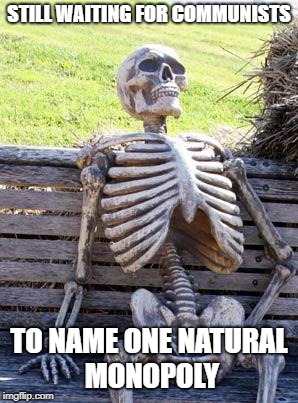 Waiting Skeleton Meme | STILL WAITING FOR COMMUNISTS; TO NAME ONE NATURAL MONOPOLY | image tagged in memes,waiting skeleton,free market,communism,communist | made w/ Imgflip meme maker