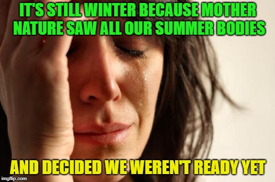 A little more time needed | IT'S STILL WINTER BECAUSE MOTHER NATURE SAW ALL OUR SUMMER BODIES; AND DECIDED WE WEREN'T READY YET | image tagged in memes,first world problems | made w/ Imgflip meme maker