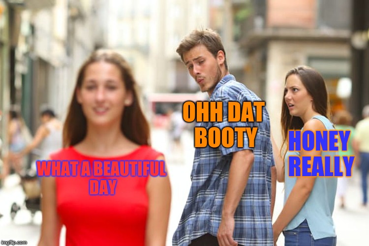 Distracted Boyfriend Meme | OHH DAT BOOTY; HONEY REALLY; WHAT A BEAUTIFUL DAY | image tagged in memes,distracted boyfriend | made w/ Imgflip meme maker