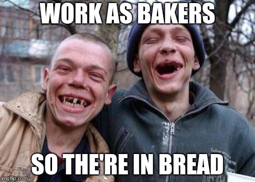 Ugly Twins | WORK AS BAKERS; SO THE'RE IN BREAD | image tagged in memes,ugly twins | made w/ Imgflip meme maker