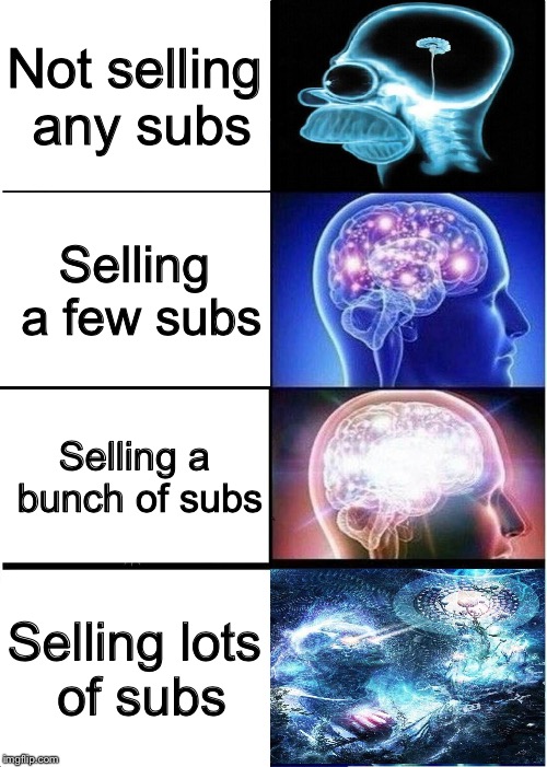 My Classmates have to EVOLVE! | Not selling any subs; Selling a few subs; Selling a bunch of subs; Selling lots of subs | image tagged in memes,expanding brain | made w/ Imgflip meme maker