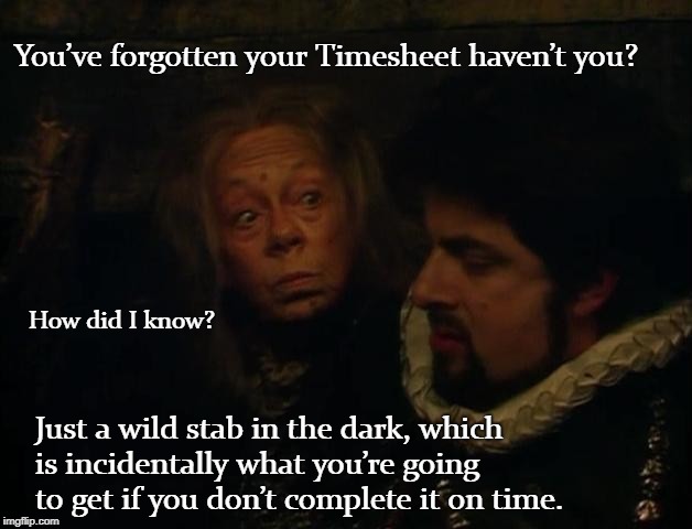 Blackadder Timesheet Reminder | You’ve forgotten your Timesheet haven’t you? How did I know? Just a wild stab in the dark, which is incidentally what you’re going to get if you don’t complete it on time. | image tagged in blackadder timesheet reminder,timesheet reminder,timesheet meme,blackadder,baldwick | made w/ Imgflip meme maker