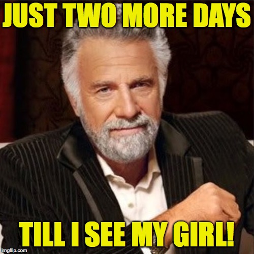 Talkin' 'bout my girl! | JUST TWO MORE DAYS; TILL I SEE MY GIRL! | image tagged in world's most interesting man,my girl | made w/ Imgflip meme maker