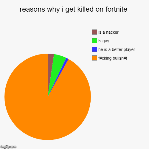 reasons why i get killed on fortnite | f#cking bullsh#t, he is a better player, is gay, is a hacker | image tagged in funny,pie charts | made w/ Imgflip chart maker
