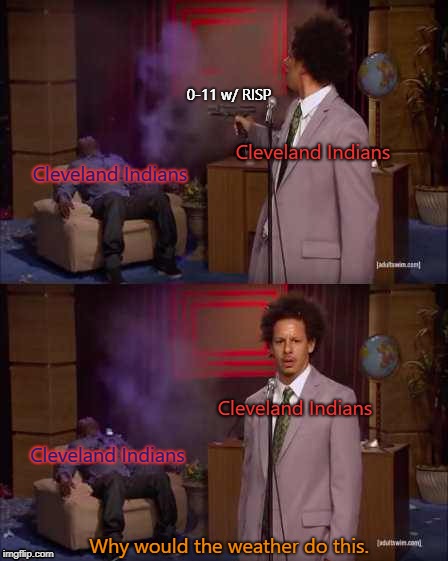 Who Killed Hannibal | 0-11 w/ RISP; Cleveland Indians; Cleveland Indians; Cleveland Indians; Cleveland Indians; Why would the weather do this. | image tagged in eric andre,cleveland indians | made w/ Imgflip meme maker