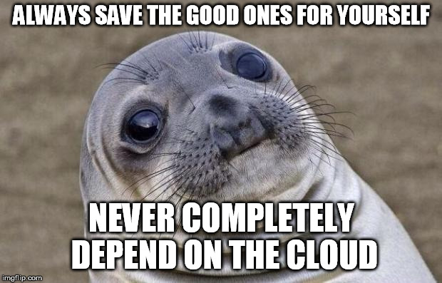 Awkward Moment Sealion Meme | ALWAYS SAVE THE GOOD ONES FOR YOURSELF NEVER COMPLETELY DEPEND ON THE CLOUD | image tagged in memes,awkward moment sealion | made w/ Imgflip meme maker