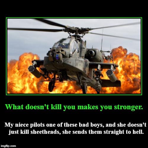 What doesn't kill you makes you stronger. | image tagged in demotivationals,apache gunship,sheetheads,hellfire missiles,30 caliber gatling guns | made w/ Imgflip demotivational maker