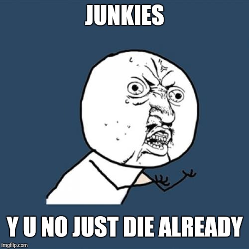 Y U No Meme | JUNKIES Y U NO JUST DIE ALREADY | image tagged in memes,y u no | made w/ Imgflip meme maker