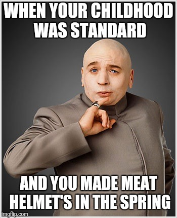 Dr Evil | WHEN YOUR CHILDHOOD WAS STANDARD; AND YOU MADE MEAT HELMET'S IN THE SPRING | image tagged in memes,dr evil | made w/ Imgflip meme maker