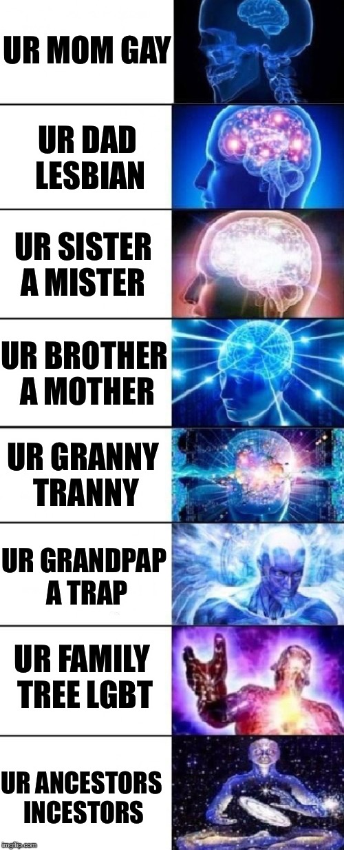 Brain Expanding Meme | UR MOM GAY; UR DAD LESBIAN; UR SISTER A MISTER; UR BROTHER A MOTHER; UR GRANNY TRANNY; UR GRANDPAP A TRAP; UR FAMILY TREE LGBT; UR ANCESTORS INCESTORS | image tagged in brain expanding meme | made w/ Imgflip meme maker