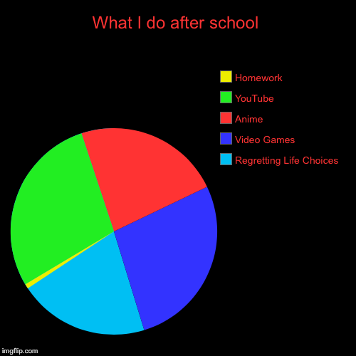 Procrastination | What I do after school | Regretting Life Choices, Video Games, Anime, YouTube, Homework | image tagged in funny,pie charts,school,procrastination | made w/ Imgflip chart maker