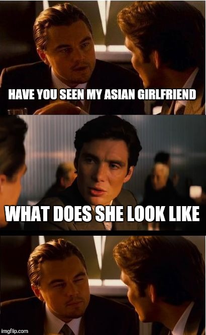 Have you seen my girlfriend | HAVE YOU SEEN MY ASIAN GIRLFRIEND; WHAT DOES SHE LOOK LIKE | image tagged in memes,inception | made w/ Imgflip meme maker