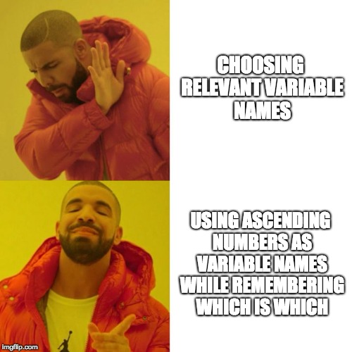 Drake Blank | CHOOSING RELEVANT VARIABLE NAMES; USING ASCENDING NUMBERS AS VARIABLE NAMES WHILE REMEMBERING WHICH IS WHICH | image tagged in drake blank | made w/ Imgflip meme maker