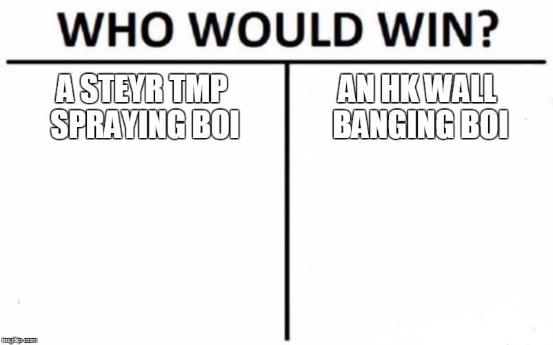 Who Would Win? Meme | A STEYR TMP SPRAYING BOI; AN HK WALL BANGING BOI | image tagged in memes,who would win,steyr tmp,hk g28,crossfire europe,crossfire memes | made w/ Imgflip meme maker