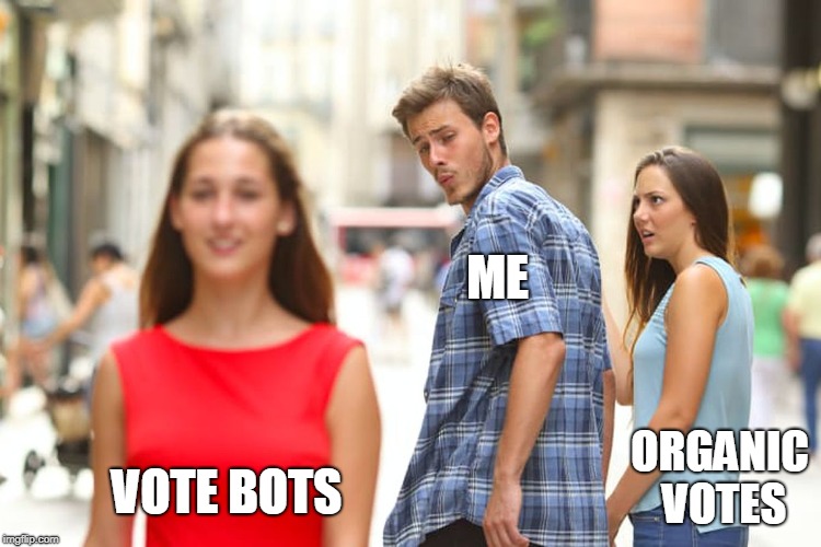 Distracted Boyfriend Meme | ME; ORGANIC VOTES; VOTE BOTS | image tagged in memes,distracted boyfriend | made w/ Imgflip meme maker