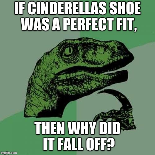 Philosoraptor | IF CINDERELLAS SHOE WAS A PERFECT FIT, THEN WHY DID IT FALL OFF? | image tagged in memes,philosoraptor | made w/ Imgflip meme maker