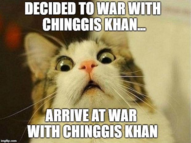 Scared Cat Meme | DECIDED TO WAR WITH CHINGGIS KHAN... ARRIVE AT WAR WITH CHINGGIS KHAN | image tagged in memes,scared cat | made w/ Imgflip meme maker