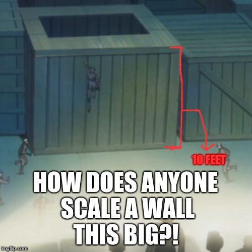Jeez, Yusei's been hitting the gym? | 10 FEET; HOW DOES ANYONE SCALE A WALL; THIS BIG?! | image tagged in memes,funny,yuseifudo | made w/ Imgflip meme maker