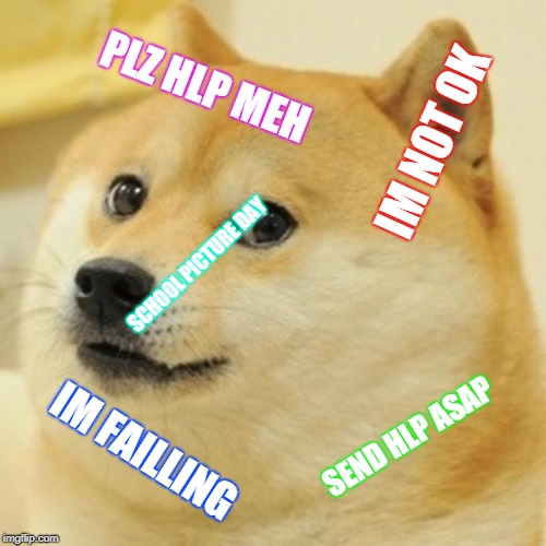 Doge | PLZ HLP MEH; IM NOT OK; SCHOOL PICTURE DAY; SEND HLP ASAP; IM FAILLING | image tagged in memes,doge | made w/ Imgflip meme maker