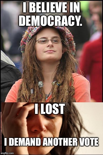 feminist chick | I BELIEVE IN DEMOCRACY. I LOST; I DEMAND ANOTHER VOTE | image tagged in feminist chick | made w/ Imgflip meme maker