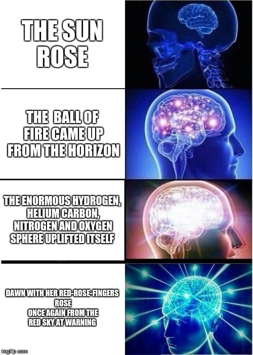 Expanding Brain Meme | THE SUN ROSE; THE  BALL OF FIRE CAME UP FROM THE HORIZON; THE ENORMOUS HYDROGEN, HELIUM CARBON, NITROGEN AND OXYGEN SPHERE UPLIFTED ITSELF; DAWN WITH HER RED-ROSE-FINGERS ROSE ONCE AGAIN FROM THE RED SKY AT WARNING | image tagged in memes,expanding brain | made w/ Imgflip meme maker