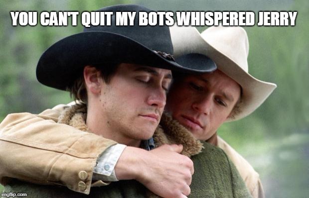 Brokeback Mountain | YOU CAN'T QUIT MY BOTS WHISPERED JERRY | image tagged in brokeback mountain | made w/ Imgflip meme maker
