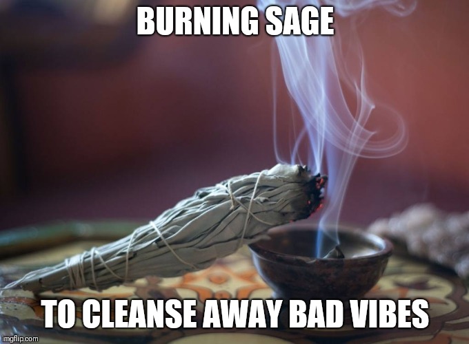 Use this if your news feed is depressing you  | BURNING SAGE; TO CLEANSE AWAY BAD VIBES | image tagged in memes,burning sage,good vibes,hippy,hippie,smudging stick | made w/ Imgflip meme maker