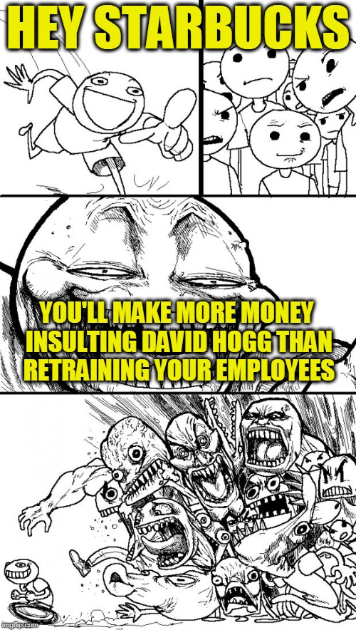 The New Boycott Strategy | HEY STARBUCKS; YOU'LL MAKE MORE MONEY INSULTING DAVID HOGG THAN RETRAINING YOUR EMPLOYEES | image tagged in memes,hey internet | made w/ Imgflip meme maker