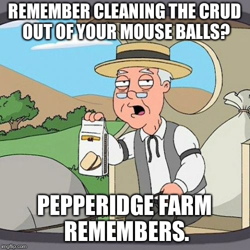 Pepperidge Farm Remembers Meme | REMEMBER CLEANING THE CRUD OUT OF YOUR MOUSE BALLS? PEPPERIDGE FARM REMEMBERS. | image tagged in memes,pepperidge farm remembers | made w/ Imgflip meme maker