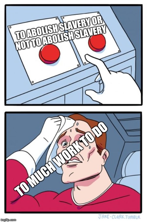Two Buttons Meme | TO ABOLISH SLAVERY OR NOT TO ABOLISH SLAVERY; TO MUCH WORK TO DO | image tagged in memes,two buttons | made w/ Imgflip meme maker