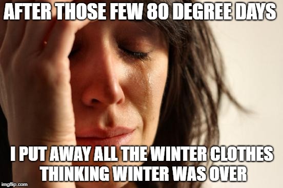 First World Problems Meme | AFTER THOSE FEW 80 DEGREE DAYS; I PUT AWAY ALL THE WINTER CLOTHES THINKING WINTER WAS OVER | image tagged in memes,first world problems | made w/ Imgflip meme maker