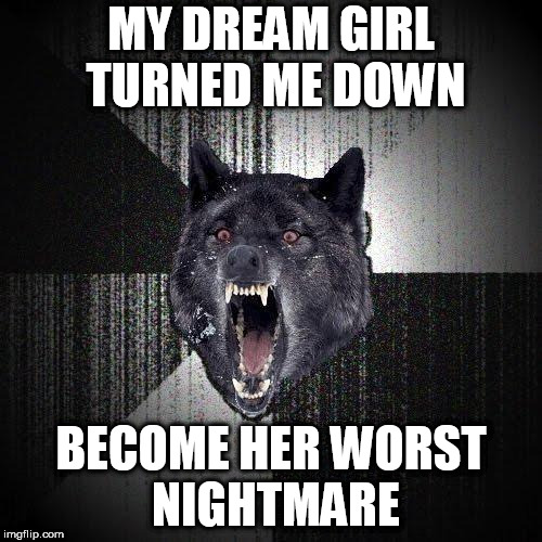 Insanity Wolf Meme | MY DREAM GIRL TURNED ME DOWN; BECOME HER WORST NIGHTMARE | image tagged in memes,insanity wolf | made w/ Imgflip meme maker
