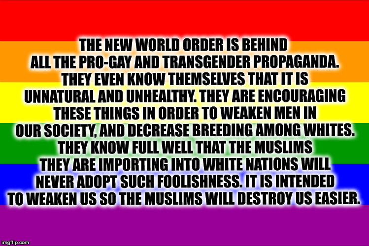 Reject the Lie | THE NEW WORLD ORDER IS BEHIND ALL THE PRO-GAY AND TRANSGENDER PROPAGANDA. THEY EVEN KNOW THEMSELVES THAT IT IS UNNATURAL AND UNHEALTHY. THEY ARE ENCOURAGING THESE THINGS IN ORDER TO WEAKEN MEN IN OUR SOCIETY, AND DECREASE BREEDING AMONG WHITES. THEY KNOW FULL WELL THAT THE MUSLIMS THEY ARE IMPORTING INTO WHITE NATIONS WILL NEVER ADOPT SUCH FOOLISHNESS. IT IS INTENDED TO WEAKEN US SO THE MUSLIMS WILL DESTROY US EASIER. | image tagged in gay,transgender,nwo,soros,muslims | made w/ Imgflip meme maker