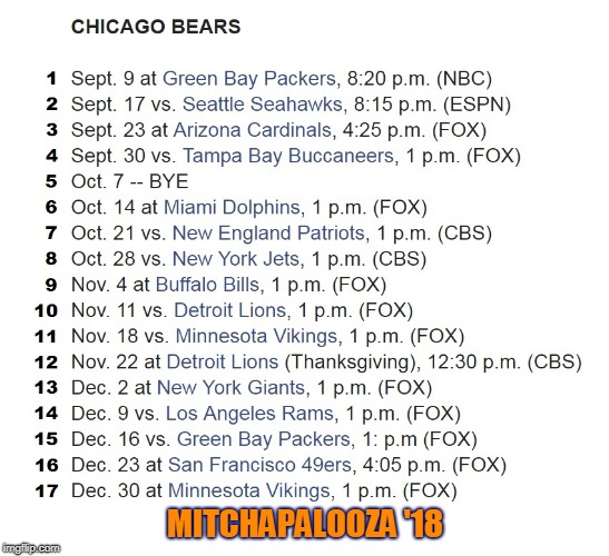 MITCHAPALOOZA '18 | image tagged in chicago bears 2018 schedule via nflcom | made w/ Imgflip meme maker