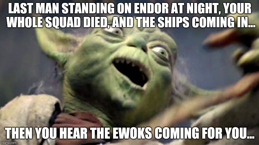 Dank yoda | LAST MAN STANDING ON ENDOR AT NIGHT, YOUR WHOLE SQUAD DIED, AND THE SHIPS COMING IN... THEN YOU HEAR THE EWOKS COMING FOR YOU... | image tagged in dank yoda | made w/ Imgflip meme maker